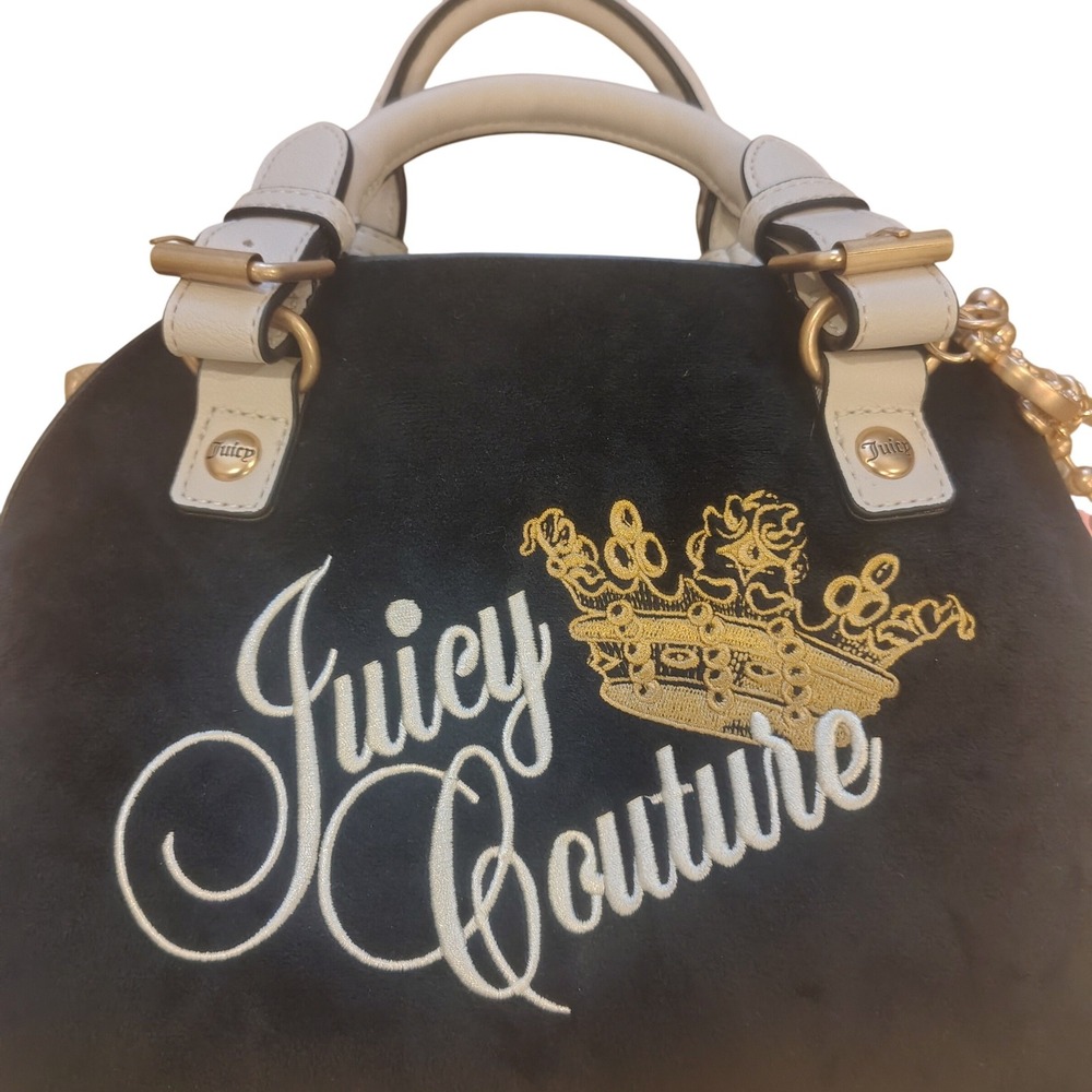 Juicy Couture Black Velour Satchel Bag White‎ Trim Gold Crown Logo Crossbody NEW - Picture 2 of 7